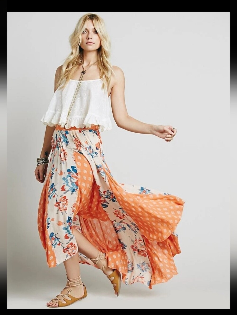 Women's Orange Floral Split Maxi Skirt